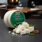 Restoran masasında Akpınar Erzincan Tulum Peyniri 450 gr ve yanında dereotu ile ceviz parçaları.