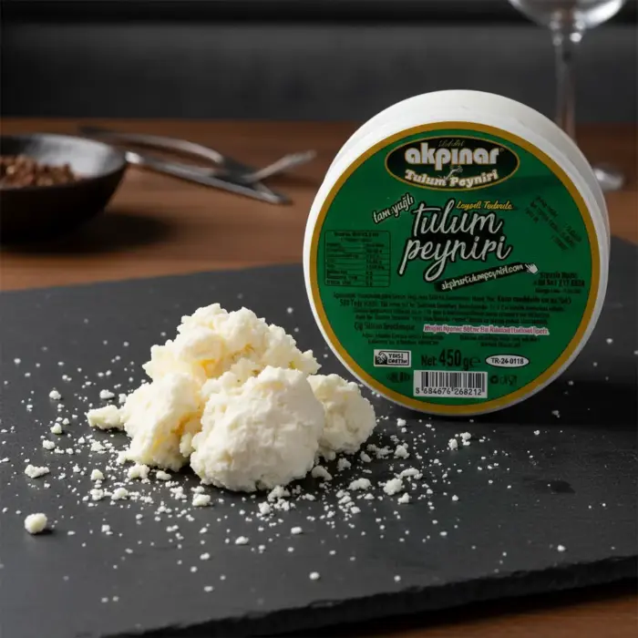 Yakın planda iri parçalı tulum peyniri ve arkada Akpınar Erzincan Tulum Peyniri 450 gr kabı.