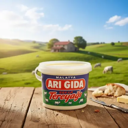 Arı Gıda Yayla Tereyağı 940 gr, Malatya yaylalarında çekilmiş doğal manzara fonunda sunulan tereyağı kovası.