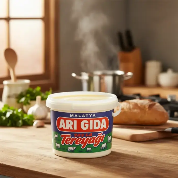 Arı Gıda Yayla Tereyağı 940 gr, ekmek ve pişen yemeklerin bulunduğu mutfak ortamında sunuluyor.