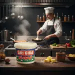 Arı Gıda Yayla Tereyağı 940 gr, profesyonel bir mutfakta yemek hazırlayan aşçı ile birlikte sunuluyor.