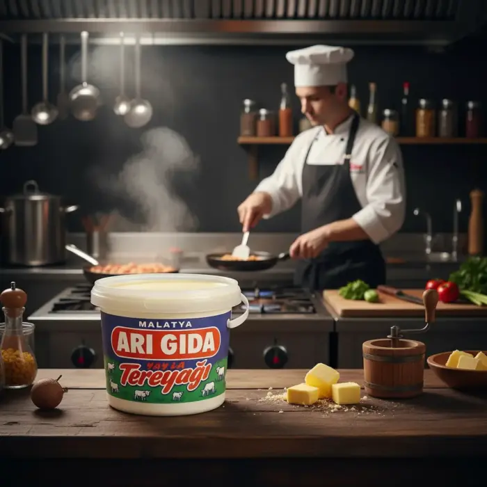 Arı Gıda Yayla Tereyağı 940 gr, profesyonel bir mutfakta yemek hazırlayan aşçı ile birlikte sunuluyor.