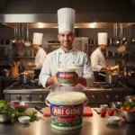 Arı Gıda Yayla Tereyağı 940 gr, kapağı açık şekilde profesyonel mutfakta sunuluyor; arkada şef yemek pişiriyor.