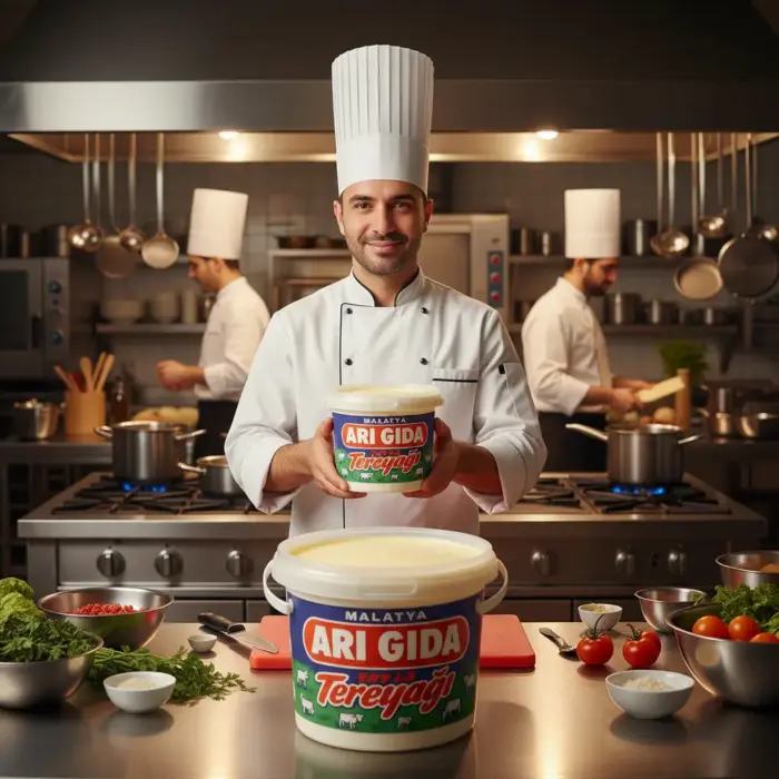 Arı Gıda Yayla Tereyağı 940 gr, kapağı açık şekilde profesyonel mutfakta sunuluyor; arkada şef yemek pişiriyor.