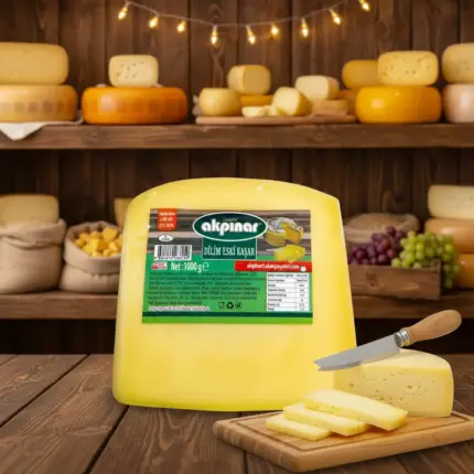 Akpınar Dilim Eski Kaşar Peyniri 1000 gr, peynir tezgâhı arka planında sunulan detaylı ürün görseli.