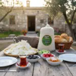 Dış mekanda zengin kahvaltı masasında sunulan Erzincan Deri Tulum Peyniri; yanında taze sebzeler, bal, zeytin ve çay ile doğal Akpınar sunumu.