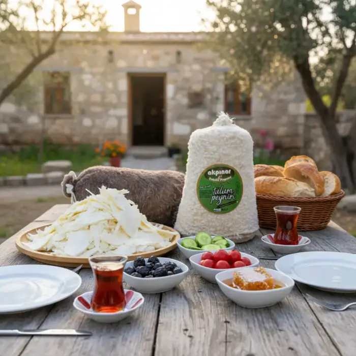 Dış mekanda zengin kahvaltı masasında sunulan Erzincan Deri Tulum Peyniri; yanında taze sebzeler, bal, zeytin ve çay ile doğal Akpınar sunumu.