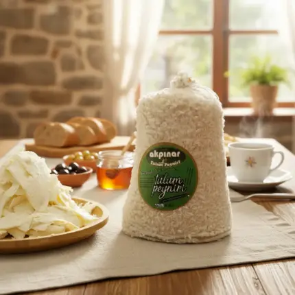 İç mekân kahvaltı ortamında Akpınar Erzincan Deri Tulum Peyniri; yanında dilimlenmiş peynir, ekmek, zeytin ve bal ile doğal sunum.