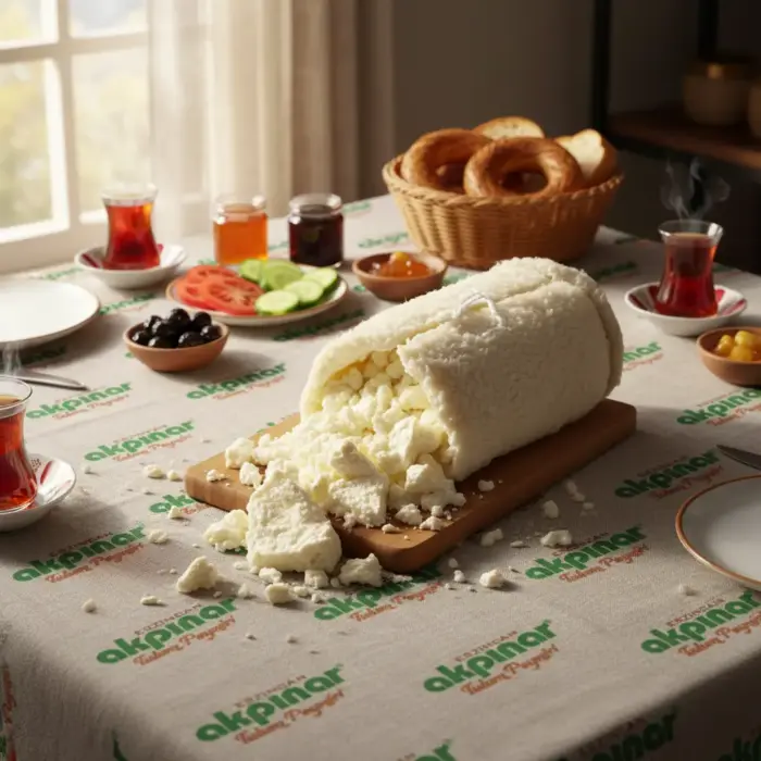 Kahvaltı sofrasında sunulan Erzincan Deri Tulum Peyniri – Akpınar markalı doğal tulum peyniri kırıntılı yapısıyla kesme tahtasında servis ediliyor.