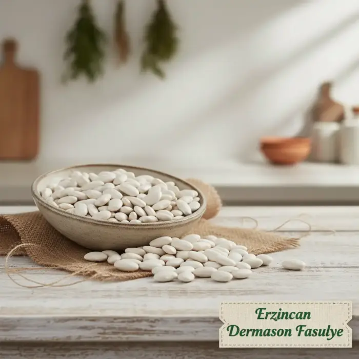 Mutfak fonunda kaseye doldurulmuş Erzincan Dermason fasulye görseli