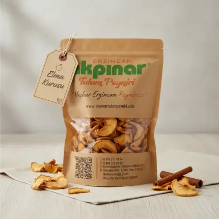Etiketli Erzincan elma kurusu 1 Kg paketi ve kurutulmuş elma dilimleri