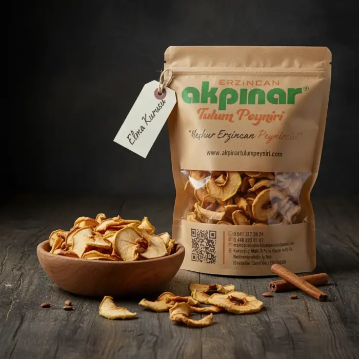 Erzincan elma kurusu 1 Kg paketi ve kasede kurutulmuş elma dilimleri, tarçın çubuklu sunum