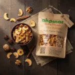 Üstten çekim Erzincan elma kurusu 1 Kg paket ve ceviz, yıldız anason ile sunum