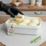 Eldivenli bir kişi tarafından kaşıkla çıkarılan Erzincan kahvaltılık tuzsuz yayık tereyağı 1 kg ürün görseli.