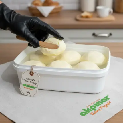 Eldivenli bir kişi tarafından kaşıkla çıkarılan Erzincan kahvaltılık tuzsuz yayık tereyağı 1 kg ürün görseli.