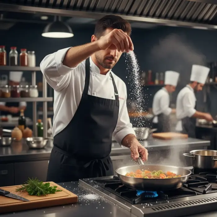 Yemek hazırlayan şefin tavaya Kemah doğal kaynak tuzu serpmesi – 10 kg tuz çuvalı