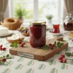 Ahşap sunum üzerinde Erzincan kuşburnu marmelatı kavanozu