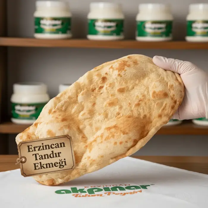 Eldivenli sunumda Erzincan tandır ekmeği, arka planda Akpınar ürünleriyle