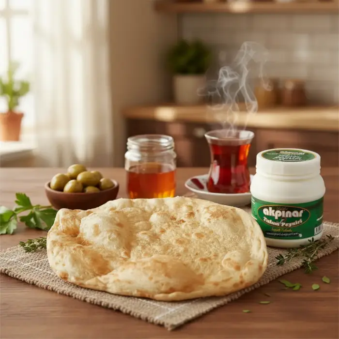 Çay ve zeytin eşliğinde Erzincan tandır ekmeği sunumu