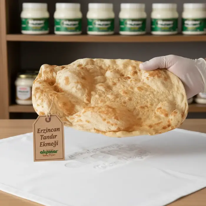 Beyaz örtü üzerinde eldivenli sunumla Erzincan tandır ekmeği
