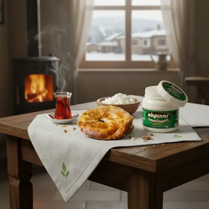 Köy evi atmosferinde sıcak çay eşliğinde sunulan Erzincan tandır ketesi ve Akpınar Tulum Peyniri.