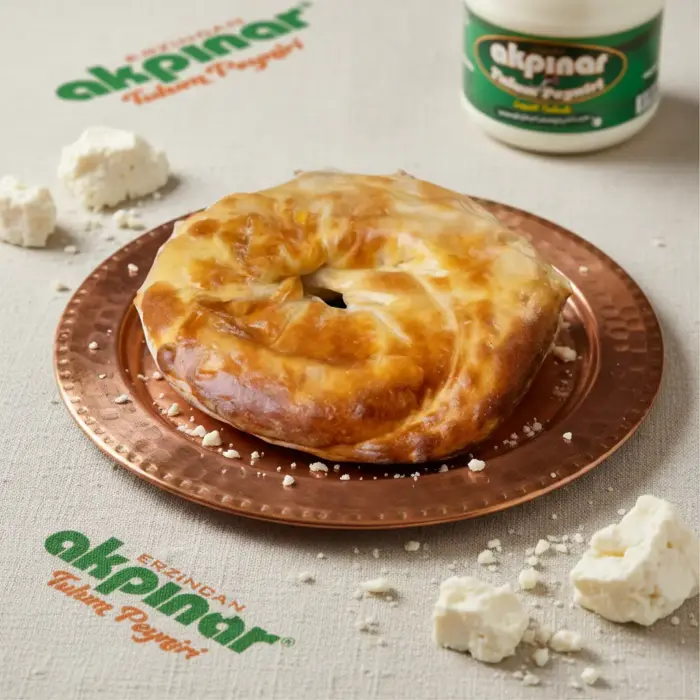 Bakır tabakta Erzincan tandır ketesi ve yanında Akpınar tulum peyniri kavanozu