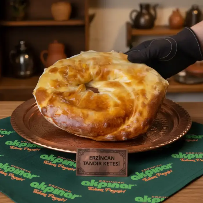 Bakır tepsi üzerinde Erzincan tandır ketesi, önde Erzincan tandır ketesi etiketi