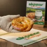 Elde tutulan Erzincan tandır ketesi, arka planda Akpınar Tulum Peynir paketi