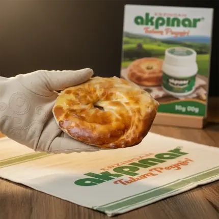 Elde tutulan Erzincan tandır ketesi, arka planda Akpınar Tulum Peynir paketi