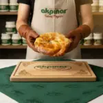 Önlüklü personelin iki elle tuttuğu Erzincan tandır ketesi Akpınar markalı