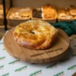 Market tezgâhında yeşil eldivenle tutulan Erzincan tandır ketesi ahşap sunum tahtası üzerinde