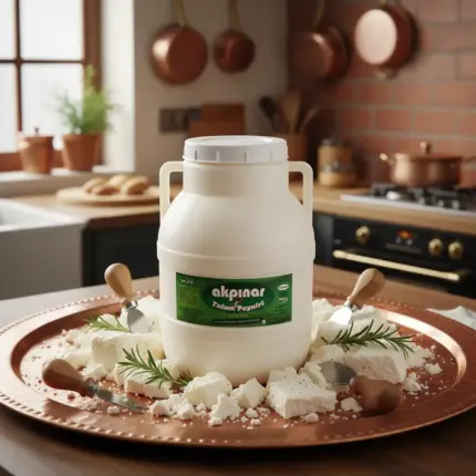 Mutfak ortamında bakır tepsi üzerinde sunulan Akpınar Erzincan Tulum Peyniri 1800 gr; bıçaklar ve taze otlarla birlikte.