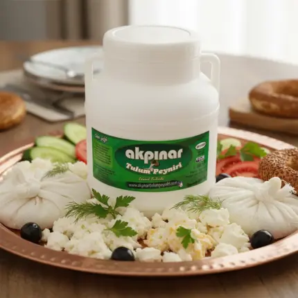 Bakır tepside sunulan Akpınar Erzincan Tulum Peyniri 1800 gr; süzme tulum bohçaları, kırıntılı peynir ve taze kahvaltılıklarla birlikte.