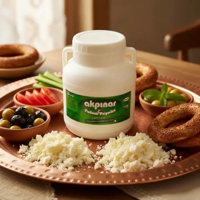 Bakır tepside sunulan Akpınar Erzincan Tulum Peyniri 1800 gr; zeytin, salatalık, domates, bal, simit ve çay eşliğinde zengin kahvaltı sunumu.