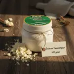 Ahşap zeminde yer alan Akpınar Erzincan Tulum Peyniri 450 gr plastik kap ve yanında ufalanmış tulum peyniri.