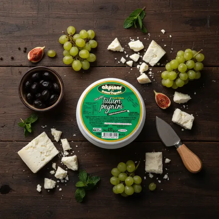 Üzüm, incir ve zeytin ile sunulmuş Akpınar Erzincan Tulum Peyniri 450 g