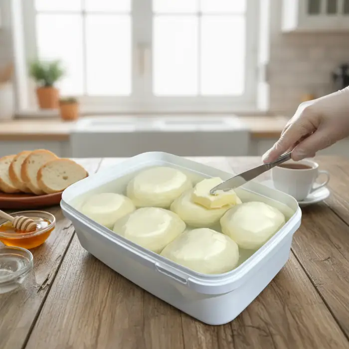 Kahvaltı masasında bal, ekmek ve çay yanında sunulan Erzincan tuzsuz yayık tereyağı 1 kg.