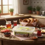 Kahvaltı masasında kapaklı kutuda Erzurum göğermiş küflü peynir – 500 gr