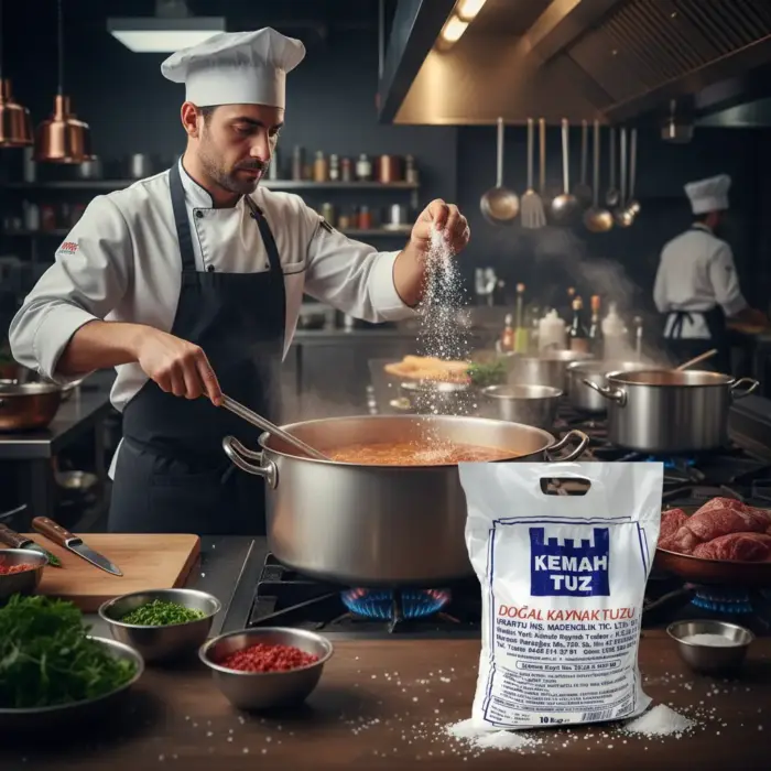 Şefin büyük çorba kazanına Kemah doğal kaynak tuzu eklemesi – 10 kg paket tuz