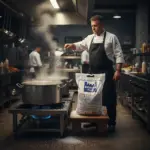 Şefin büyük tencerede yemek pişirirken Kemah doğal kaya tuzu eklediği sahne – 10 kg tuz paketi