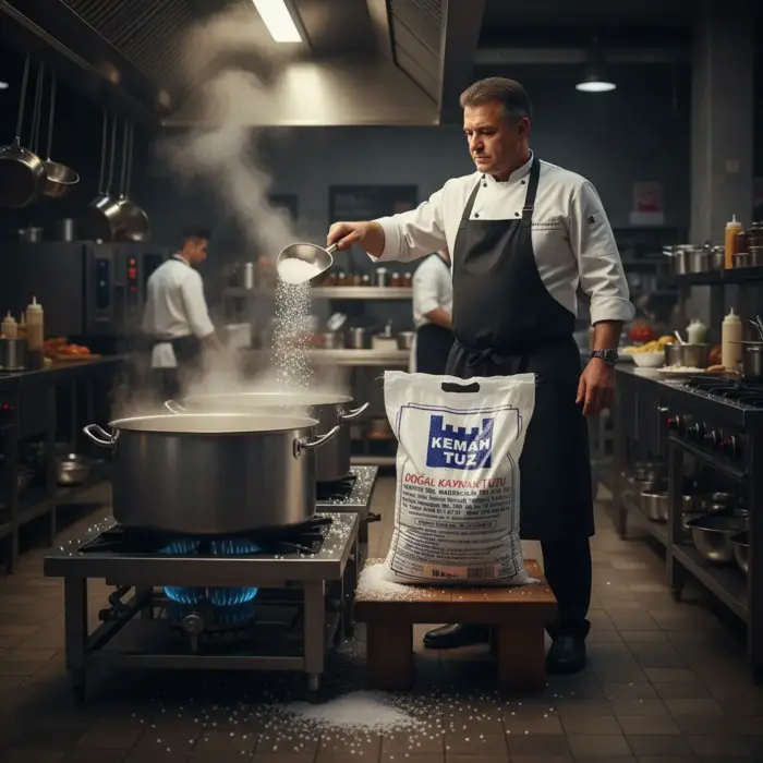Şefin büyük tencerede yemek pişirirken Kemah doğal kaya tuzu eklediği sahne – 10 kg tuz paketi