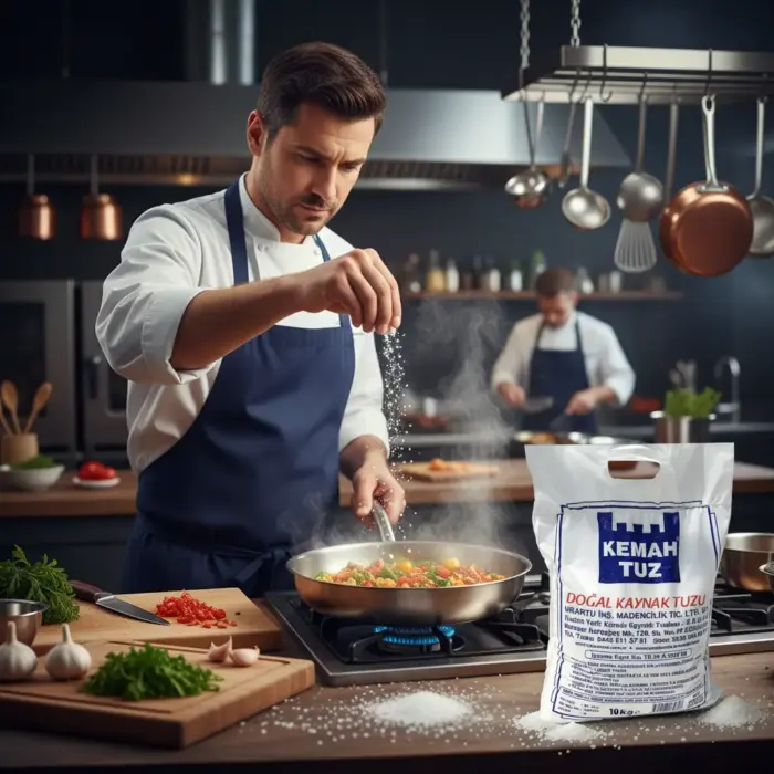 Şefin tavaya yemek pişirirken Erzincan Kemah doğal tuzu serpmesi – 10 kg tuz torbası