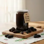 Ahşap sunum üzerinde karadutlarla çevrili karadut pekmezi kavanozu