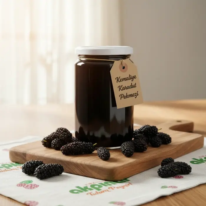 Ahşap sunum üzerinde karadutlarla çevrili karadut pekmezi kavanozu