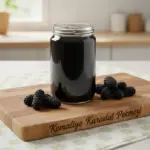 Ahşap tahta üzerinde karadutlarla sunulan Kemaliye karadut pekmezi kavanozu