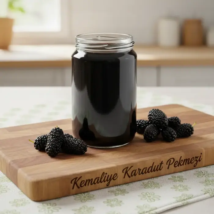 Ahşap tahta üzerinde karadutlarla sunulan Kemaliye karadut pekmezi kavanozu