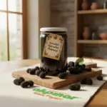 Etiketli kavanozda sunulan Kemaliye karadut pekmezi ve yanında karadutlar