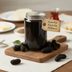 Kahvaltı masasında karadut pekmezi kavanozu ve taze karadutlar ile sunum