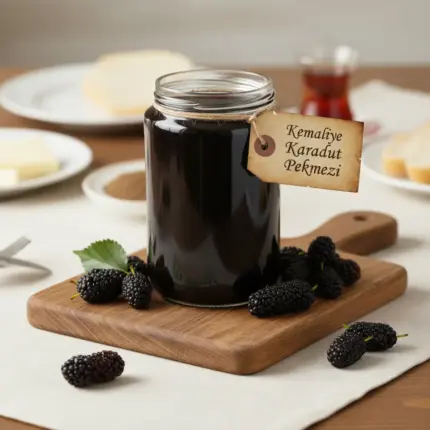 Kahvaltı masasında karadut pekmezi kavanozu ve taze karadutlar ile sunum