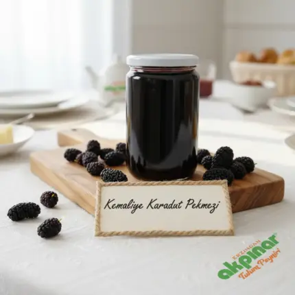 Beyaz kapaklı kavanozda Kemaliye karadut pekmezi ve etrafında taze karadutlar